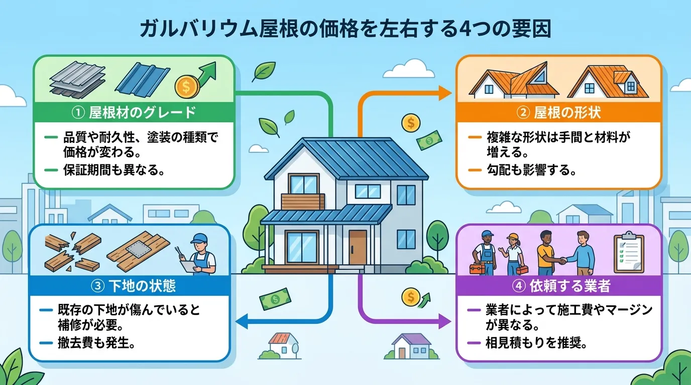 現代日本をベースに、日本人や日本の風景を使用すること, ガルバリウム屋根の価格を左右する4つの要因をテーマにしたインフォグラフィック。中央に家のイラストを置き、その周りに「屋根材のグレード」「屋根の形