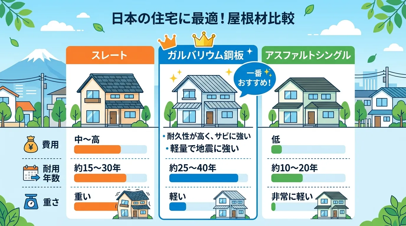 現代日本をベースに、日本人や日本の風景を使用すること, 屋根材の比較インフォグラフィック。ガルバリウム鋼板、スレート、アスファルトシングルの3種類を横並びで比較。中央のガルバリウム鋼板に王冠と「一番お