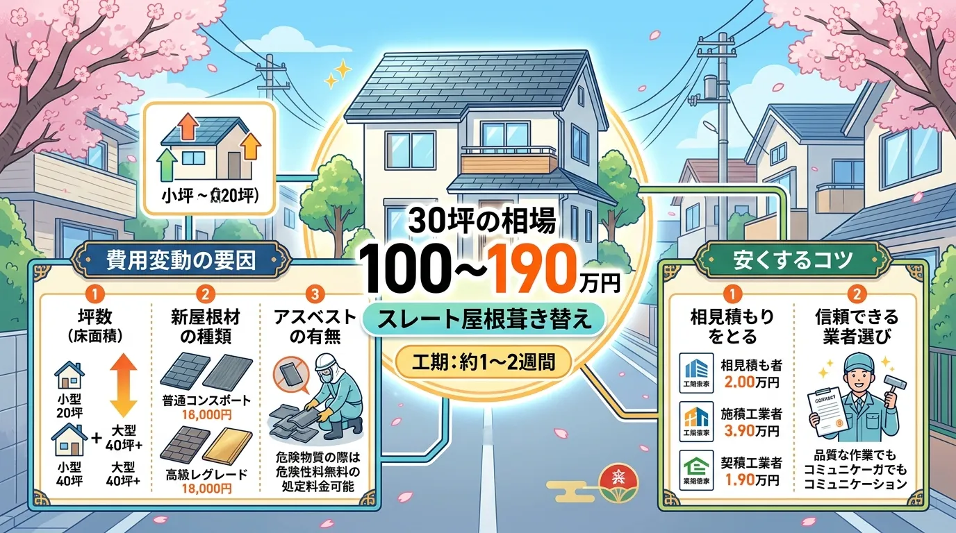 現代日本をベースに、日本人や日本の風景を使用すること, スレート屋根の葺き替え費用をテーマにしたインフォグラフィック。中央に家のイラストと「30坪の相場 100~190万円」という結論を大きく配置。そ