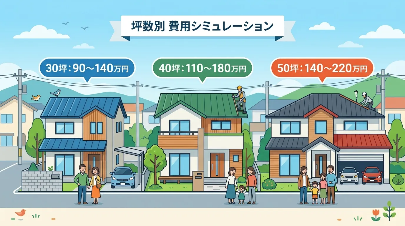 現代日本をベースに、日本人や日本の風景を使用すること, 「トタン屋根の葺き替え費用相場」をテーマにしたインフォグラフィック。フラットデザインの明るいデジタルイラストで、大きさの違う3軒の家(小・中・大