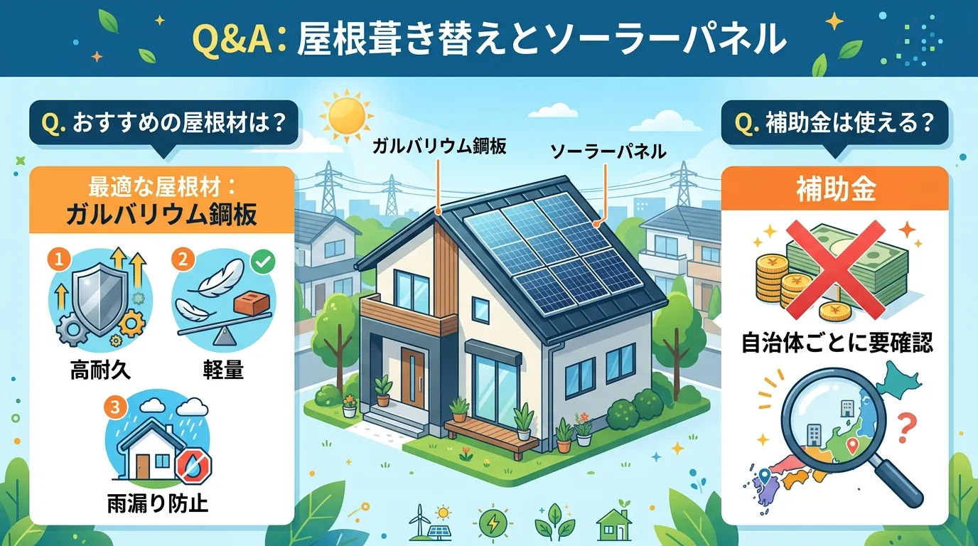 現代日本をベースに、日本人や日本の風景を使用すること, 「屋根葺き替えとソーラーパネル」をテーマにしたQ&A形式のインフォグラフィック。フラットデザインの明るいデジタルイラストで、中央に家のアイコンを