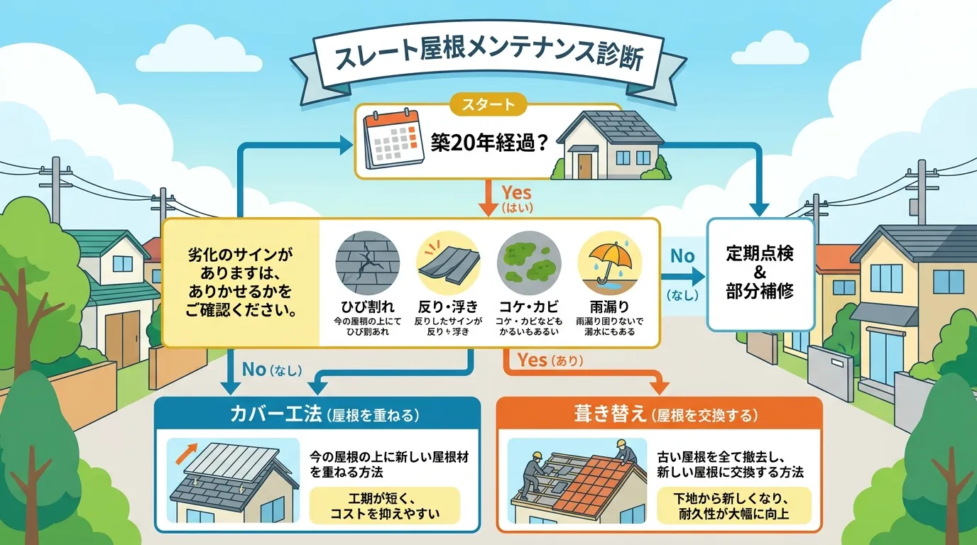 現代日本をベースに、日本人や日本の風景を使用すること, 「スレート屋根メンテナンス診断」というタイトルのインフォグラフィック。親しみやすいフラットデザインのイラストで、フローチャート形式。「築20年経